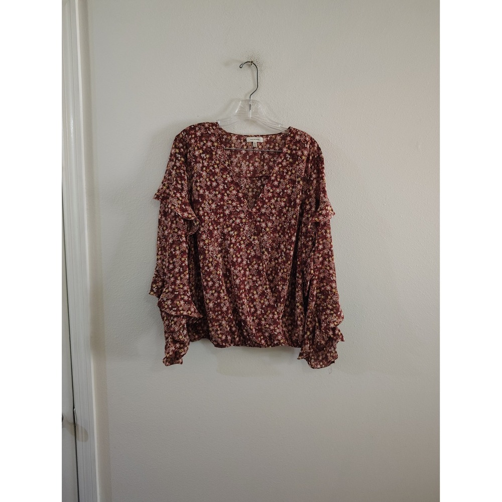Max Studio Burgundy Ditsy Floral Ruffle Sleeve Smocked Hem Blouse XL